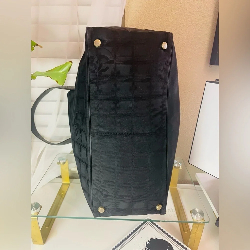 CHANEL Travel Line Tote MM Tote Bag Black Nylon JacquardLeather Women
